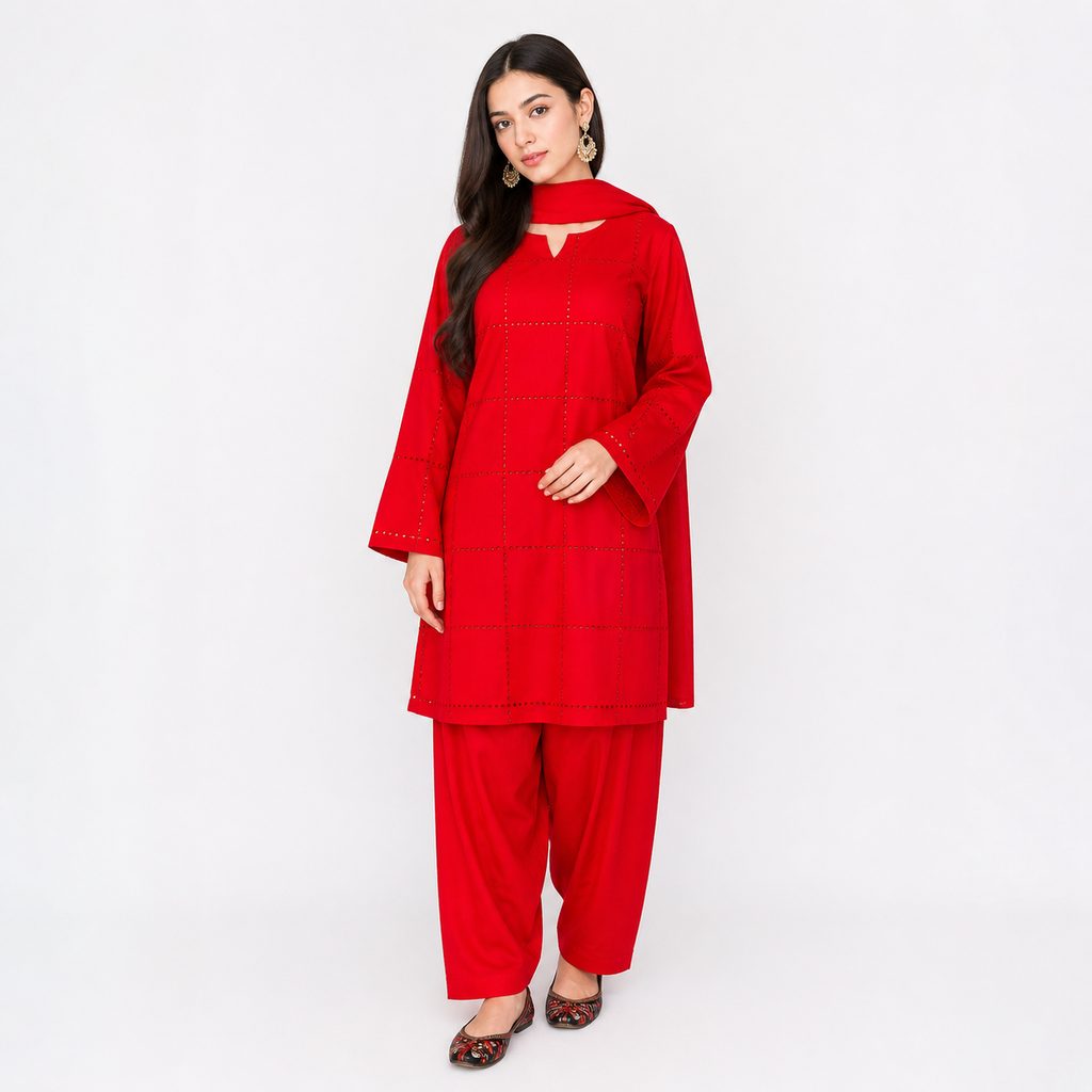 Elegant Red Chikankari Lawn 3PC Suit