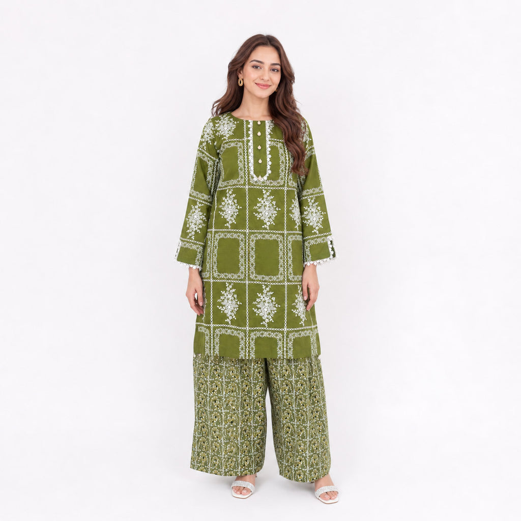 Elegant Olive Green Printed Lawn Suit with Matching Trouser