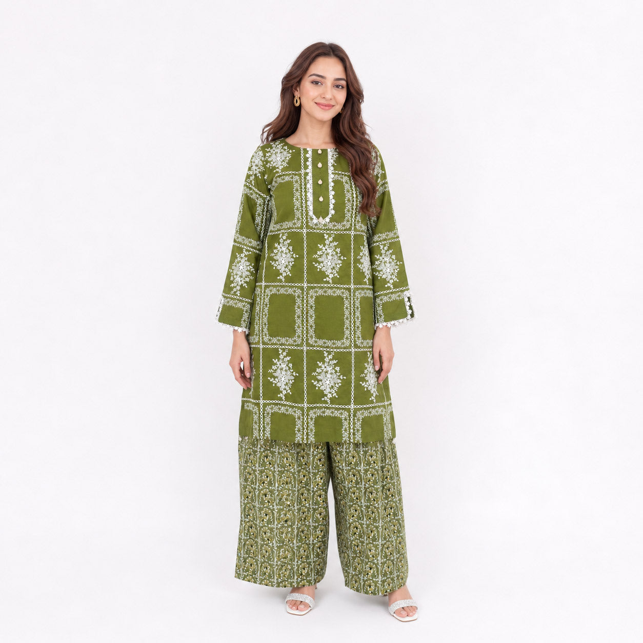 Elegant Olive Green Printed Lawn Suit with Matching Trouser