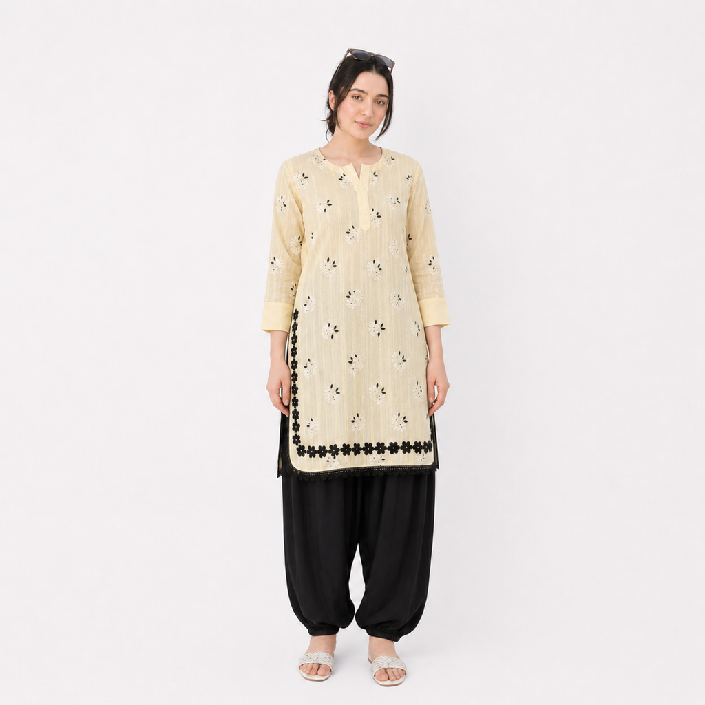 Elegant Blush Pink Embroidered Lawn Kurta with Black Shalwar
