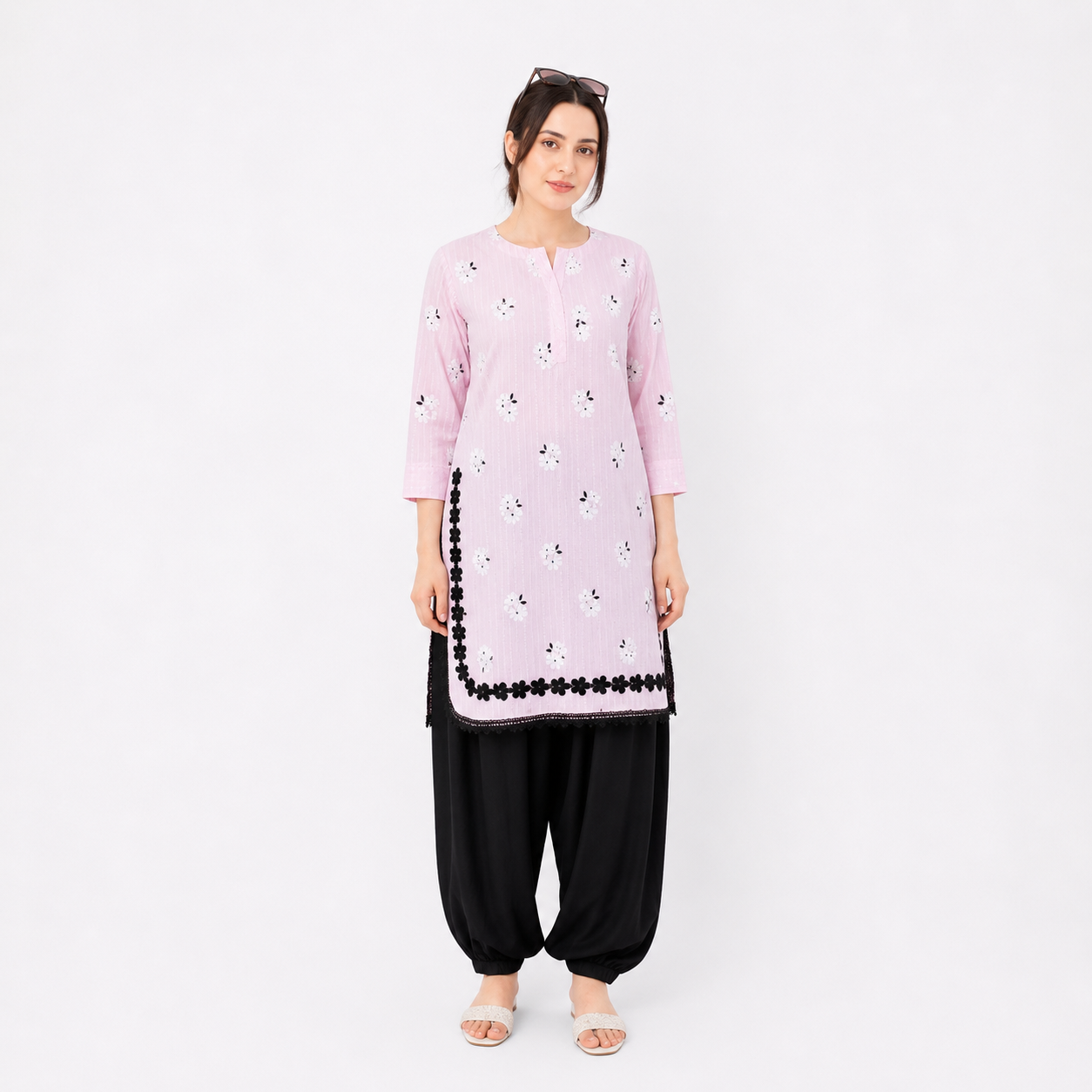 Elegant Blush Pink Embroidered Lawn Kurta with Black Shalwar