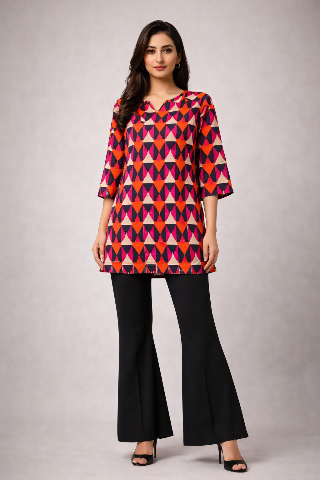Elegant Geometric Printed Lawn Short Shirt with Black Bell Bottom Trousers for Women