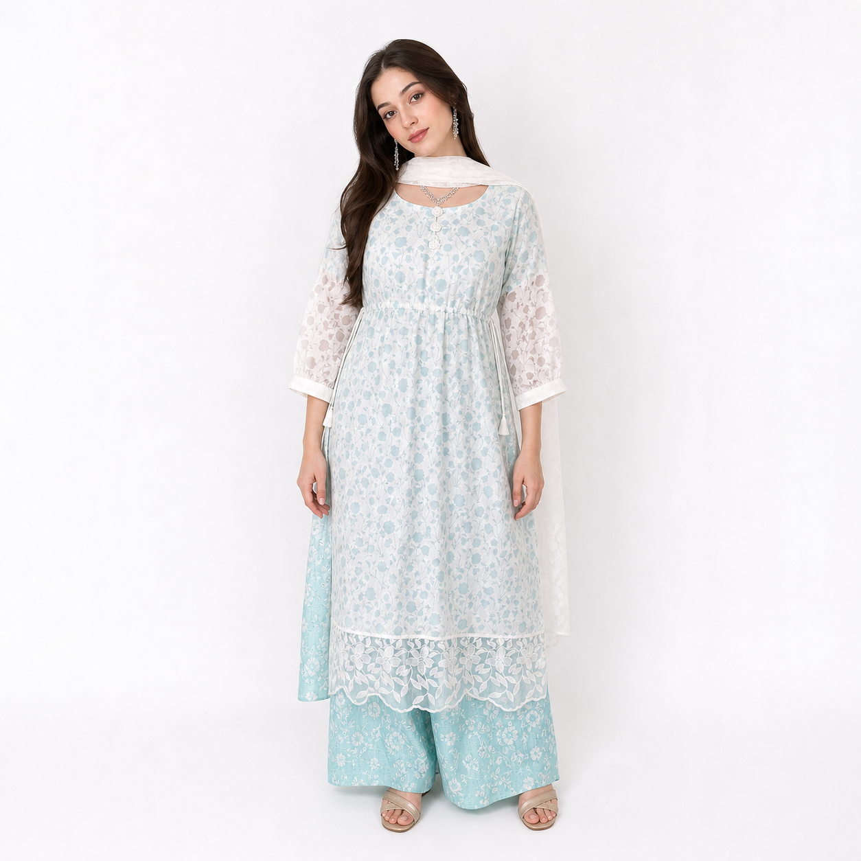 Luxury Pastel Blue Embroidered Lawn Suit with Shisha Lawn Dupatta