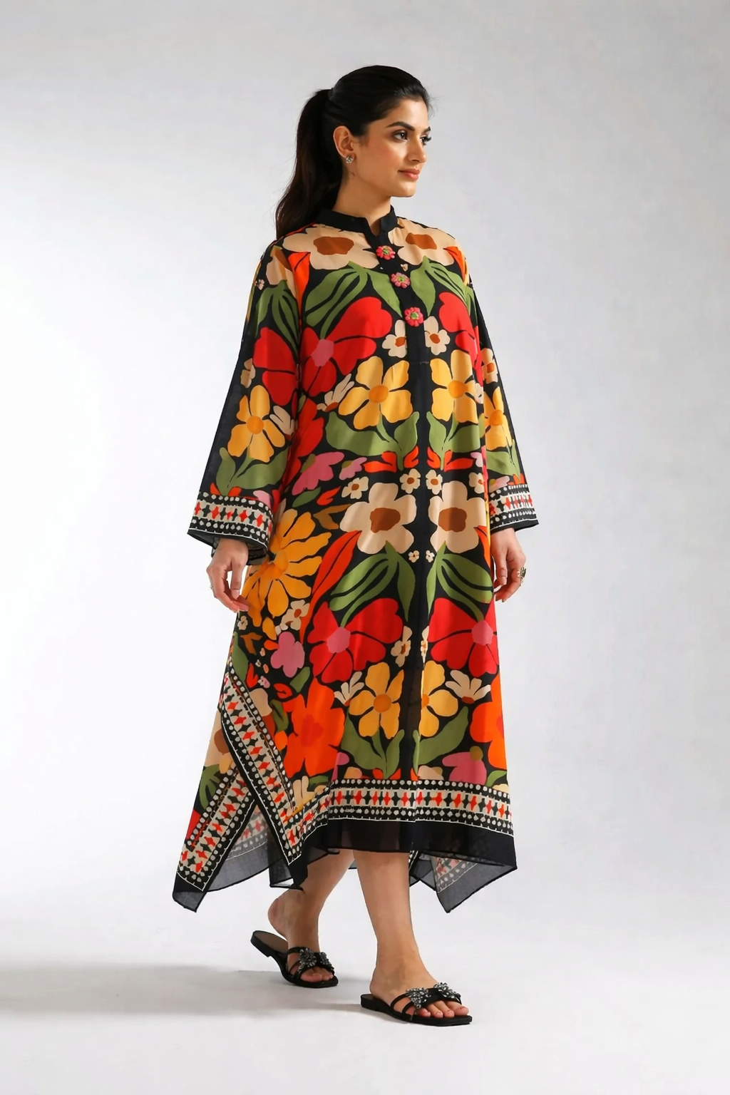 Elegant Floral Printed Long Kaftan Dress for Women
