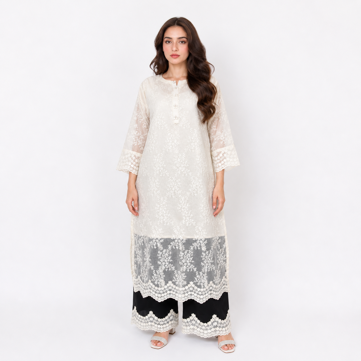 Elegant Ivory Down Shoulder Embroidered Lawn Suit with Contrast Trouser