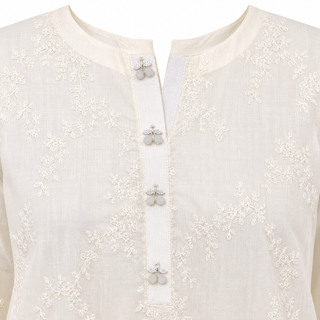 Elegant Ivory Down Shoulder Embroidered Lawn Suit with Contrast Trouser