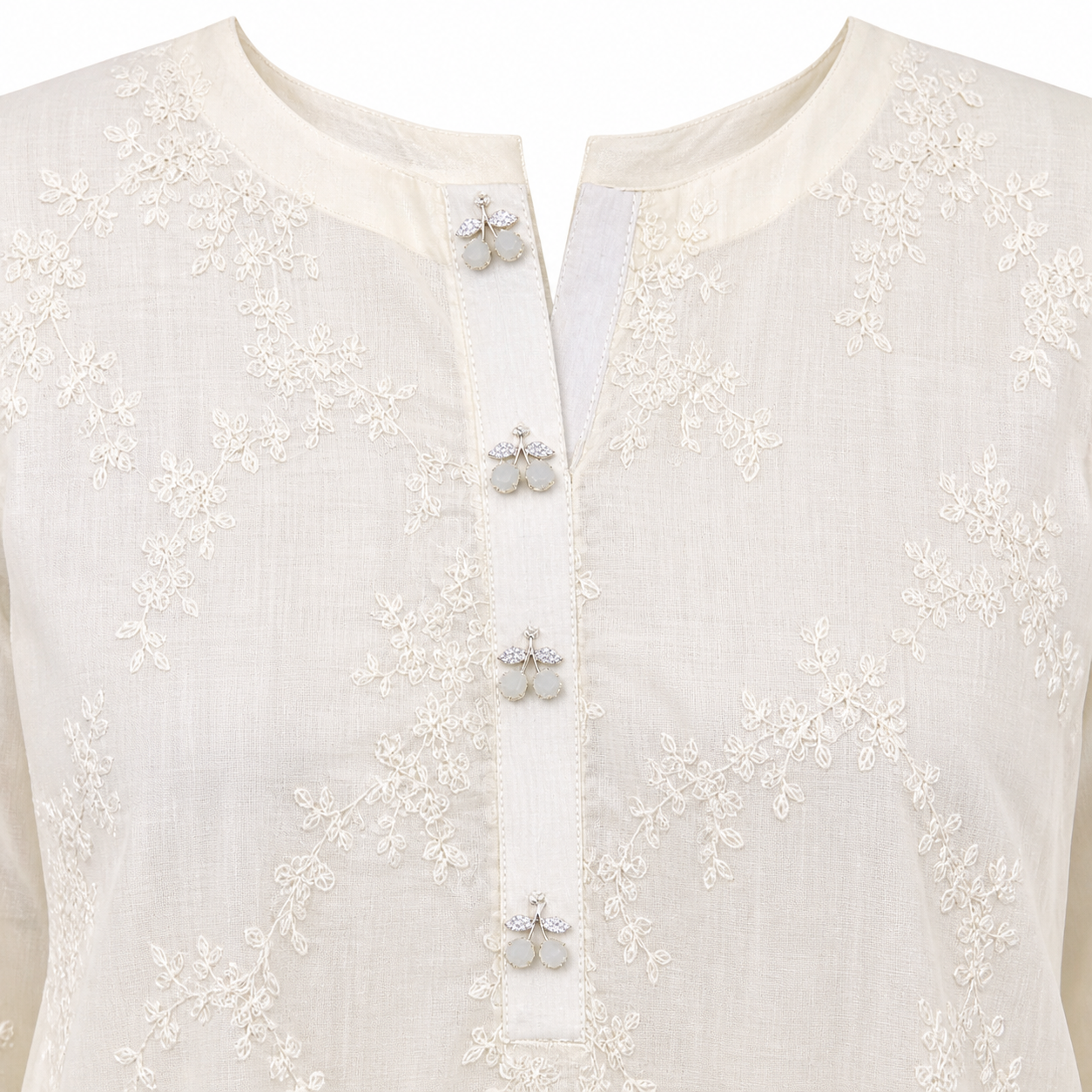 Elegant Ivory Down Shoulder Embroidered Lawn Suit with Contrast Trouser