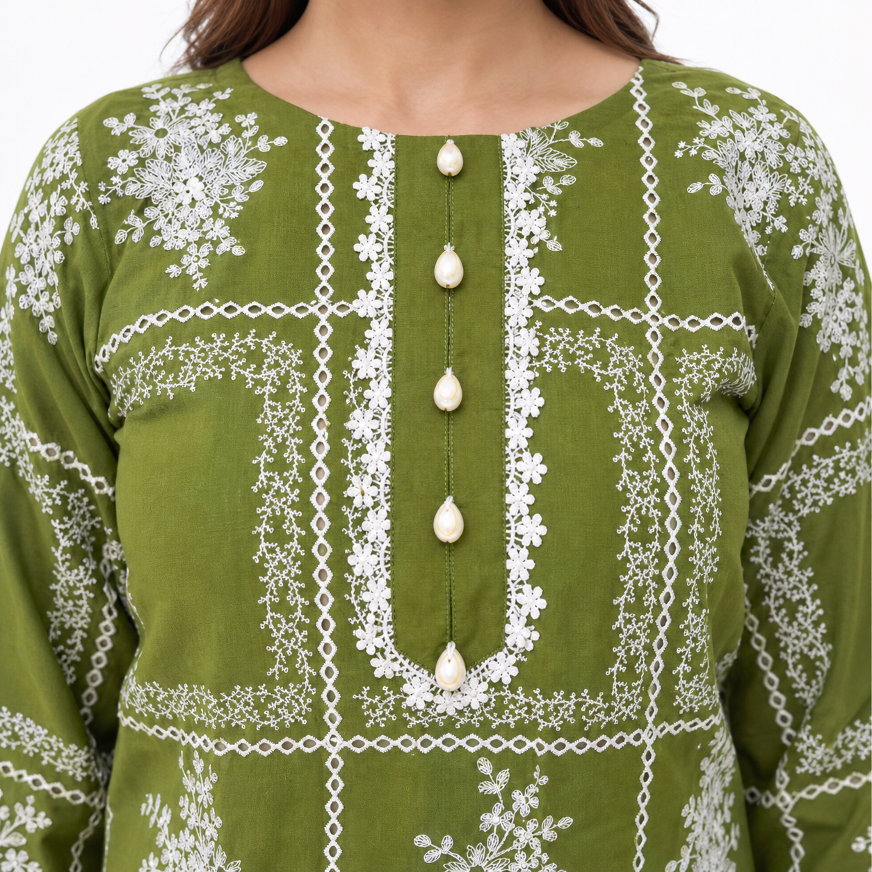 Elegant Olive Green Printed Lawn Suit with Matching Trouser