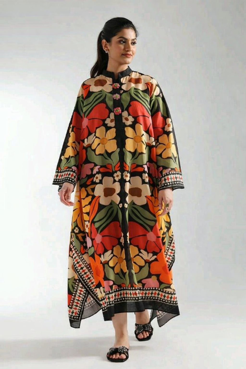 Elegant Floral Printed Long Kaftan Dress for Women