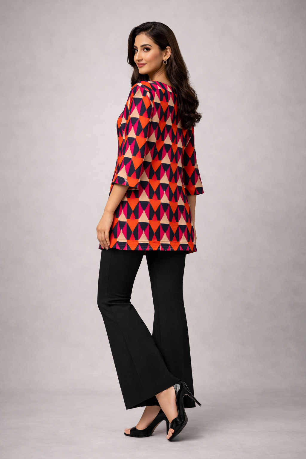 Elegant Geometric Printed Lawn Short Shirt with Black Bell Bottom Trousers for Women