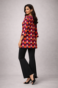 Elegant Geometric Printed Lawn Short Shirt with Black Bell Bottom Trousers for Women