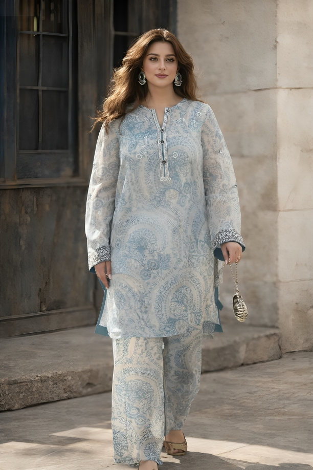 Printed Lawn Kurta Set with Straight Trousers – Elegant Summer Pret