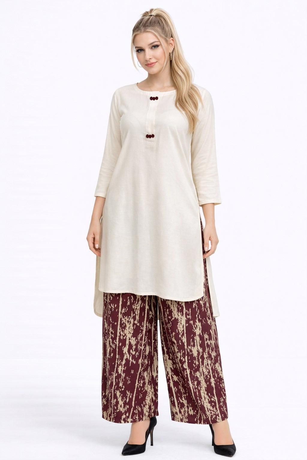 Elegant Cream Kurta with Maroon Printed Trousers – 2 Piece Lawn Suit
