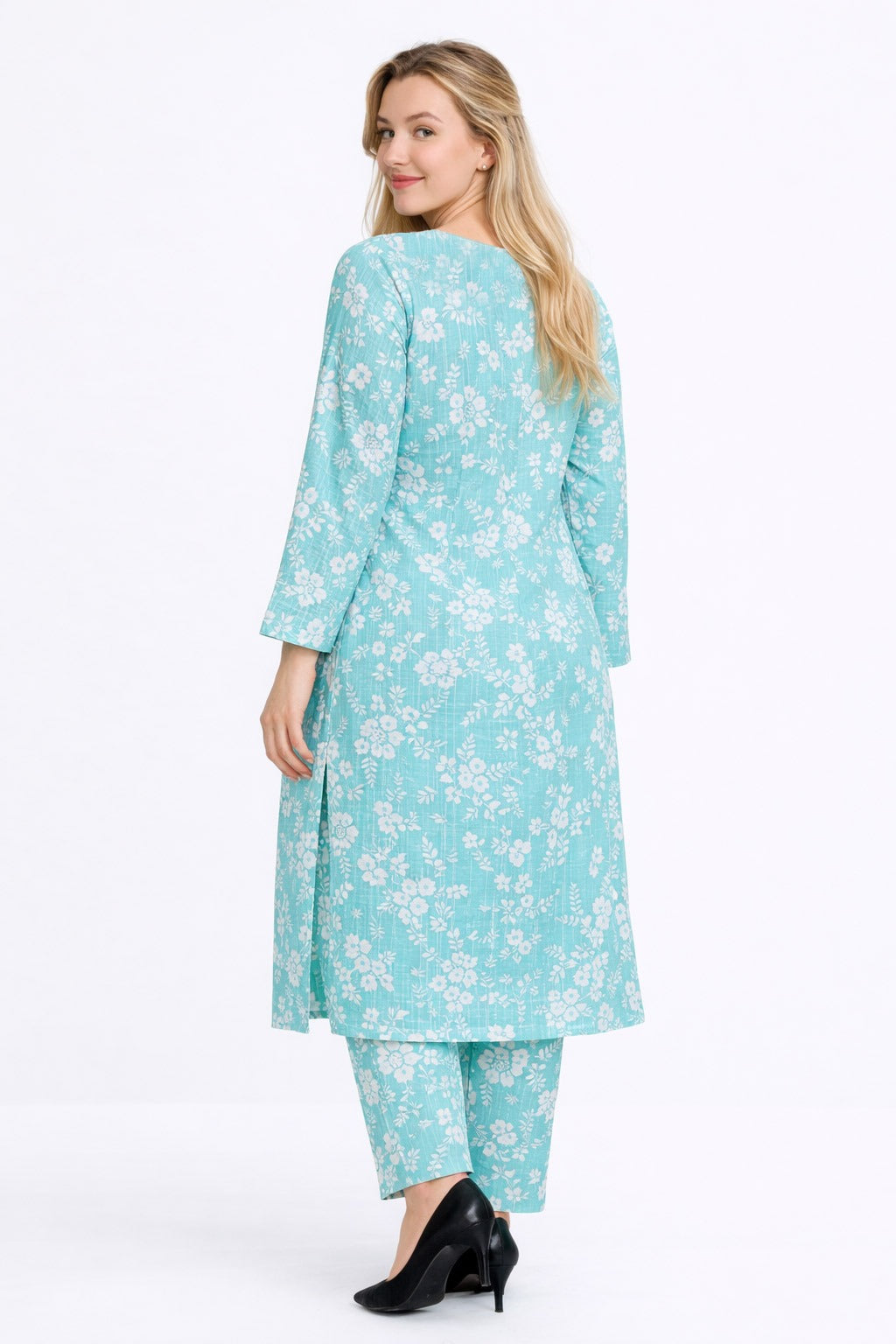 Elegant Aqua Floral Printed 2 Piece Suit