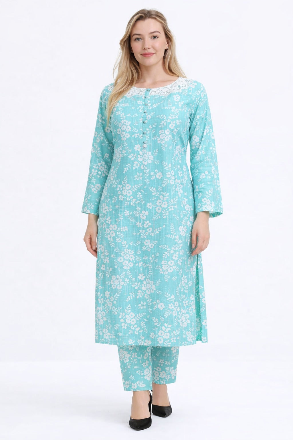 Elegant Aqua Floral Printed 2 Piece Suit