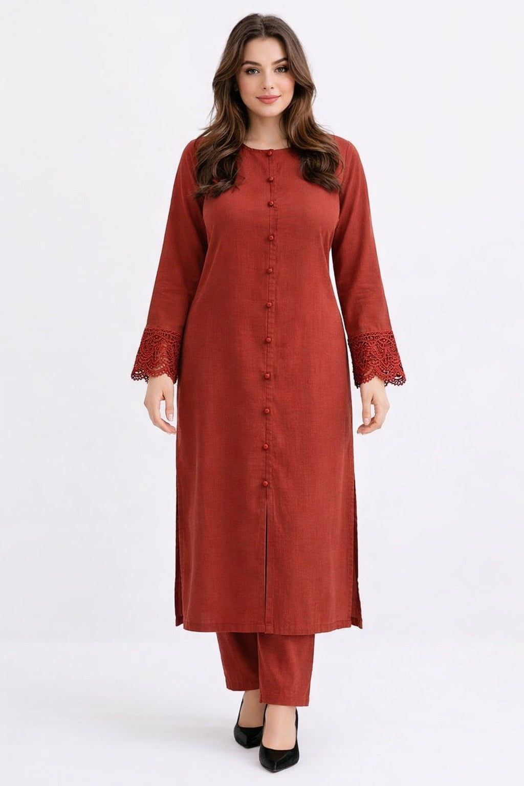 Elegant Rust Button-Detail 2 Piece Suit