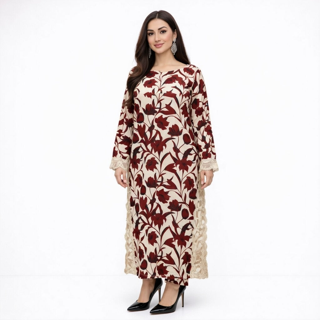 Elegant Maroon Floral Printed Lawn 2 Piece Suit for Women